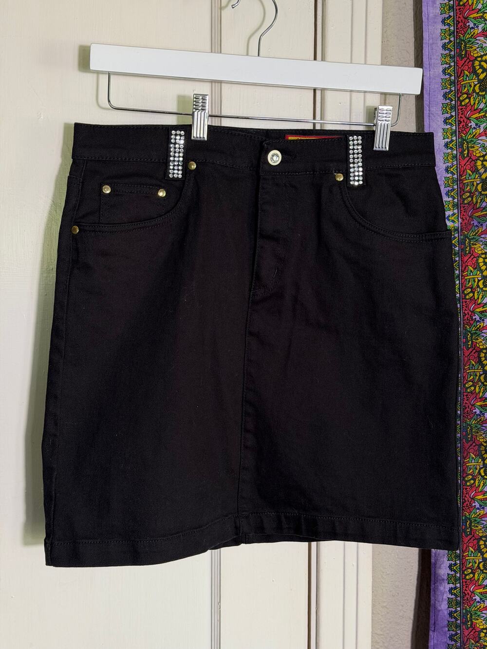 Lawman Western Black Denim Skirt Rhinestone Slim Fit Y2K Mini Jean - Size 11